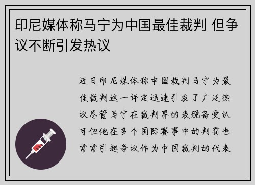 印尼媒体称马宁为中国最佳裁判 但争议不断引发热议